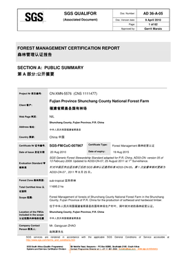 Sgs Qualifor Forest Management Certification Report 森林管理认证报告section A: Public Summary 第a 部分:公开摘