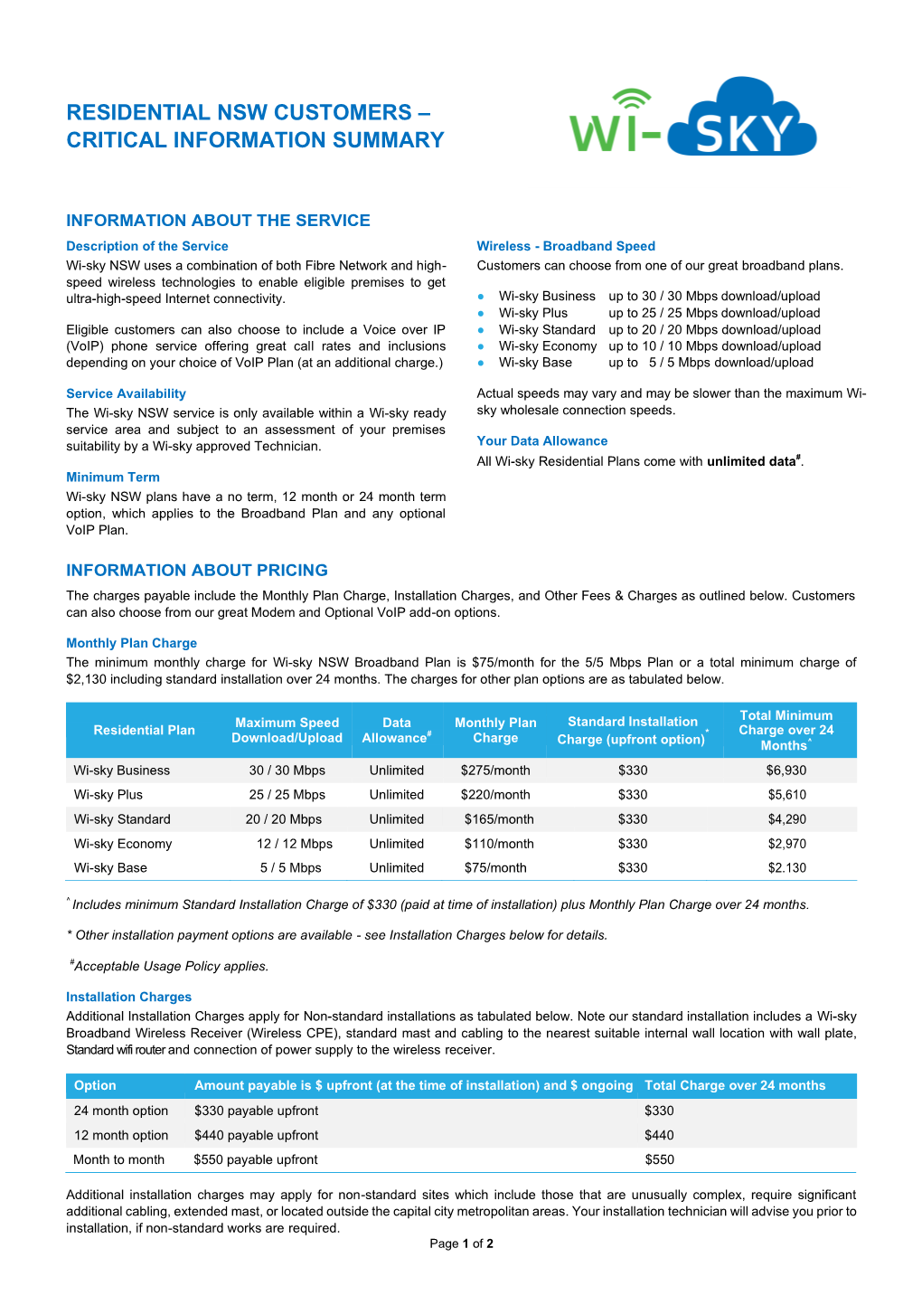 Residential Nsw Customers – Critical Information Summary