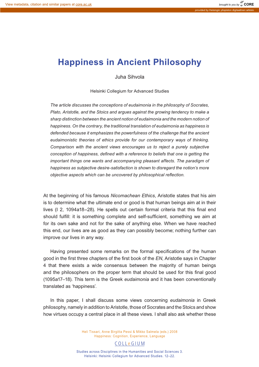 Happiness in Ancient Philosophy