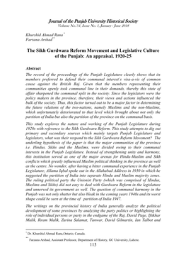 The Sikh Gurdwara Reform Movement and Legislative Culture of the Punjab: an Appraisal