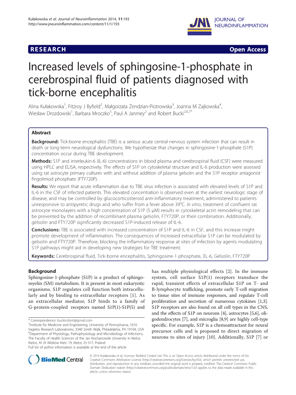 Increased Levels of Sphingosine-1-Phosphate In