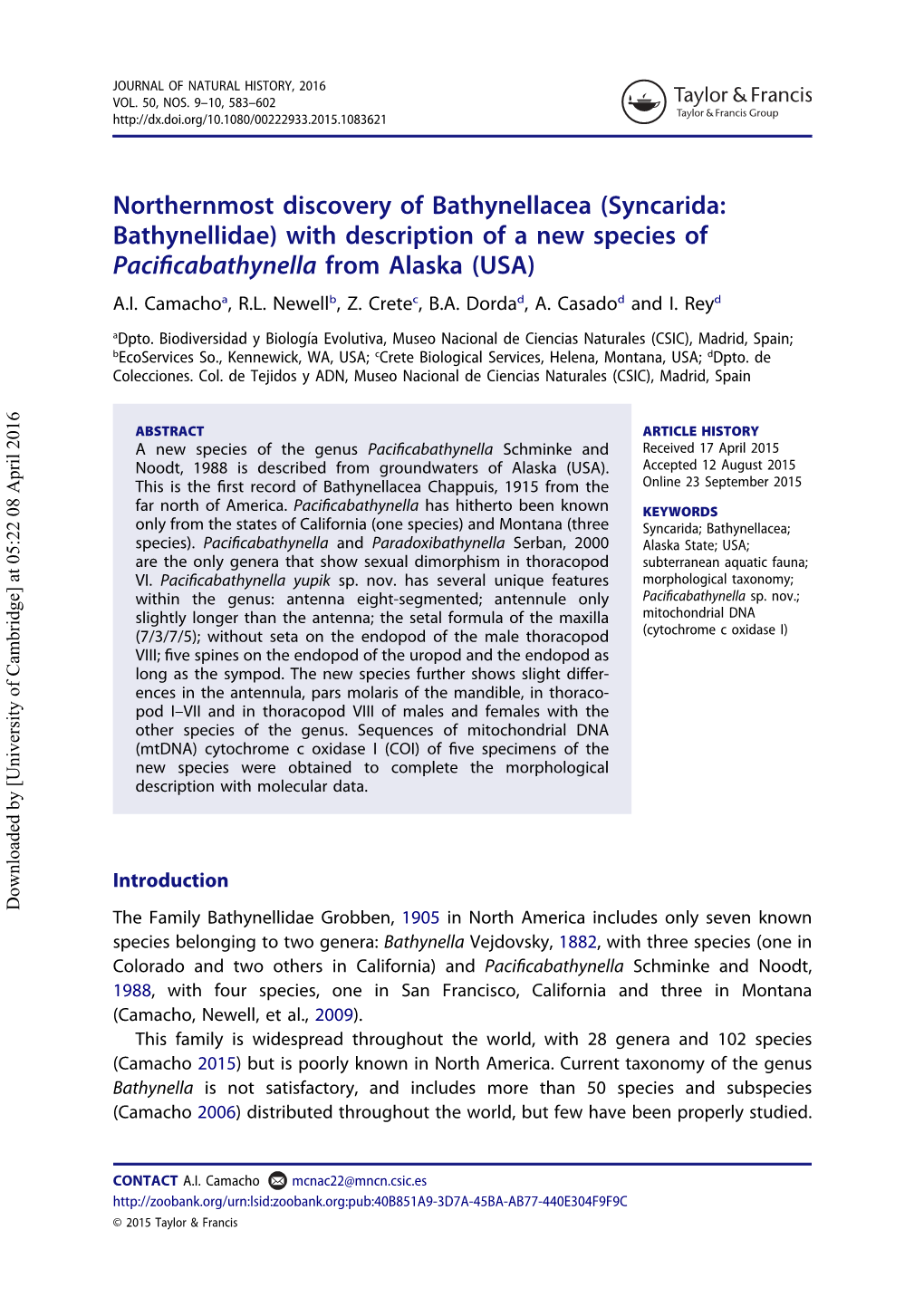 Northernmost Discovery of Bathynellacea (Syncarida: Bathynellidae) with Description of a New Species of Paciﬁcabathynella from Alaska (USA) A.I