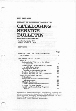 Cataloging Service Bulletin 008, Spring 1980