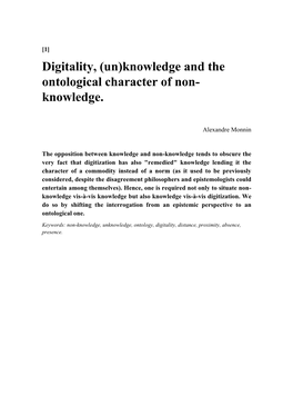 Digitality, (Un)Knowledge and the Ontological Character of Non- Knowledge