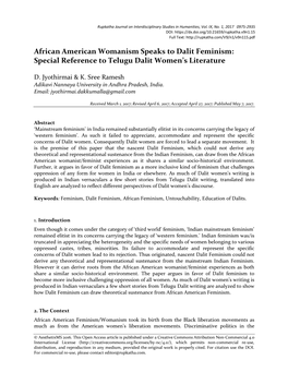 African American Womanism Speaks to Dalit Feminism: Special Reference to Telugu Dalit Women’S Literature
