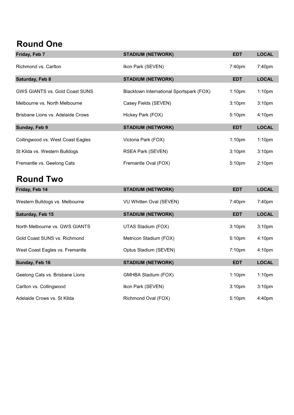 Round One Friday, Feb 7 STADIUM (NETWORK) EDT LOCAL