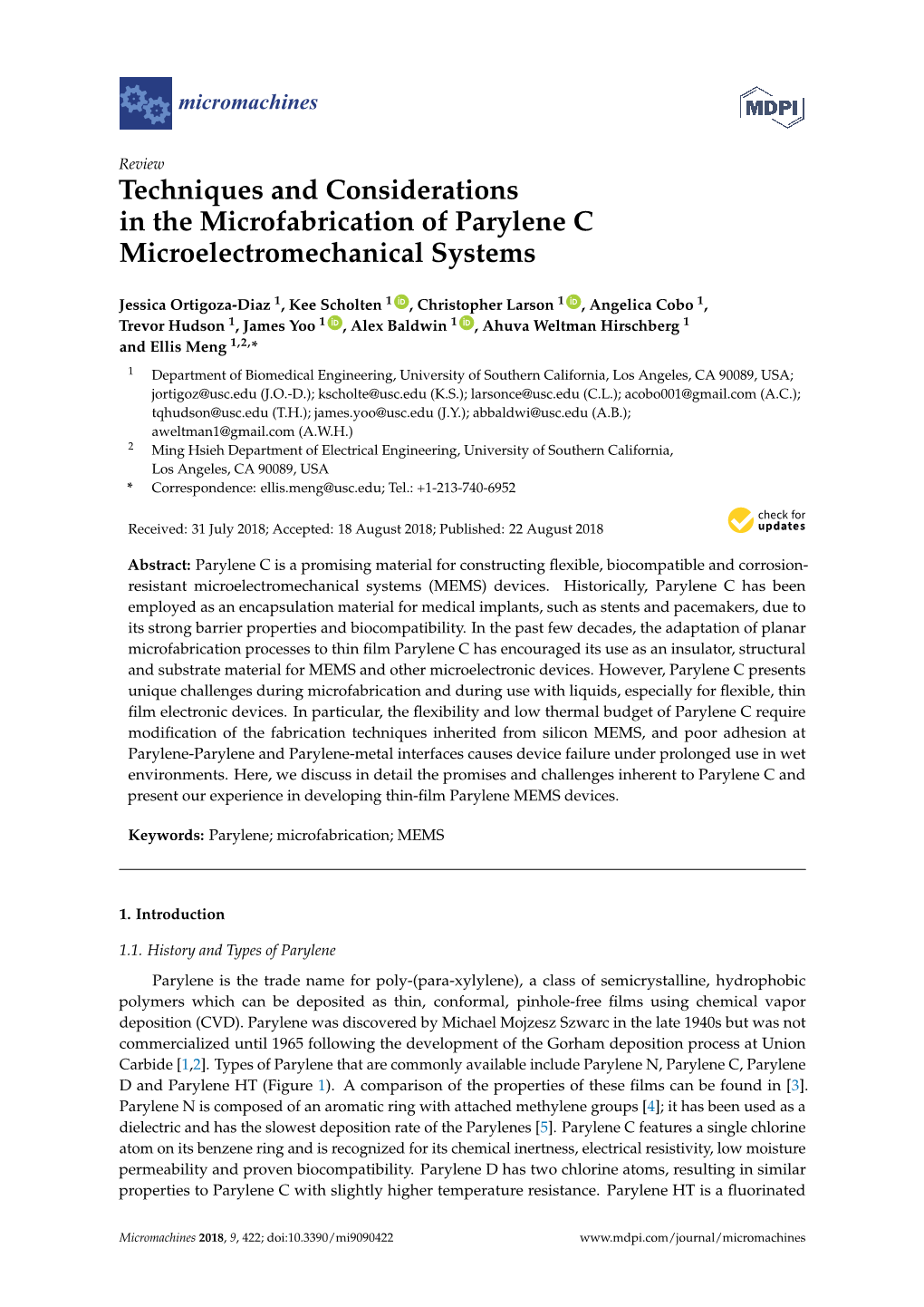 Techniques and Considerations in the Microfabrication of Parylene C Microelectromechanical Systems