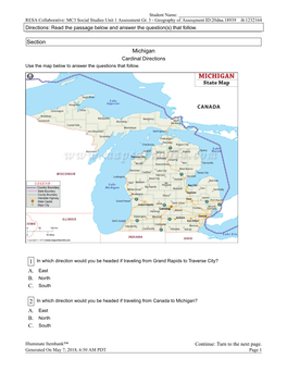 Section Michigan Cardinal Directions Use the Map Below to Answer the Questions That Follow