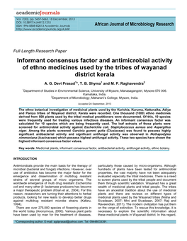 Informant Consensus Factor and Antimicrobial Activity of Ethno Medicines Used by the Tribes of Wayanad District Kerala