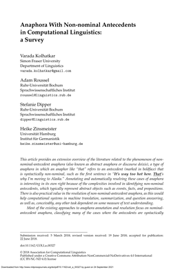 Anaphora with Non-Nominal Antecedents in Computational Linguistics: a Survey