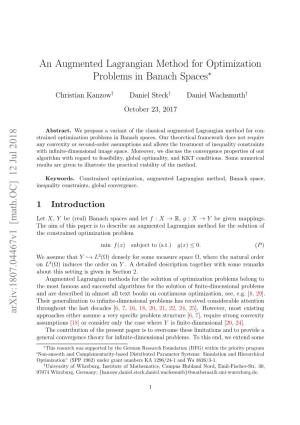 An Augmented Lagrangian Method for Optimization Problems in Banach Spaces Arxiv:1807.04467V1 [Math.OC] 12 Jul 2018