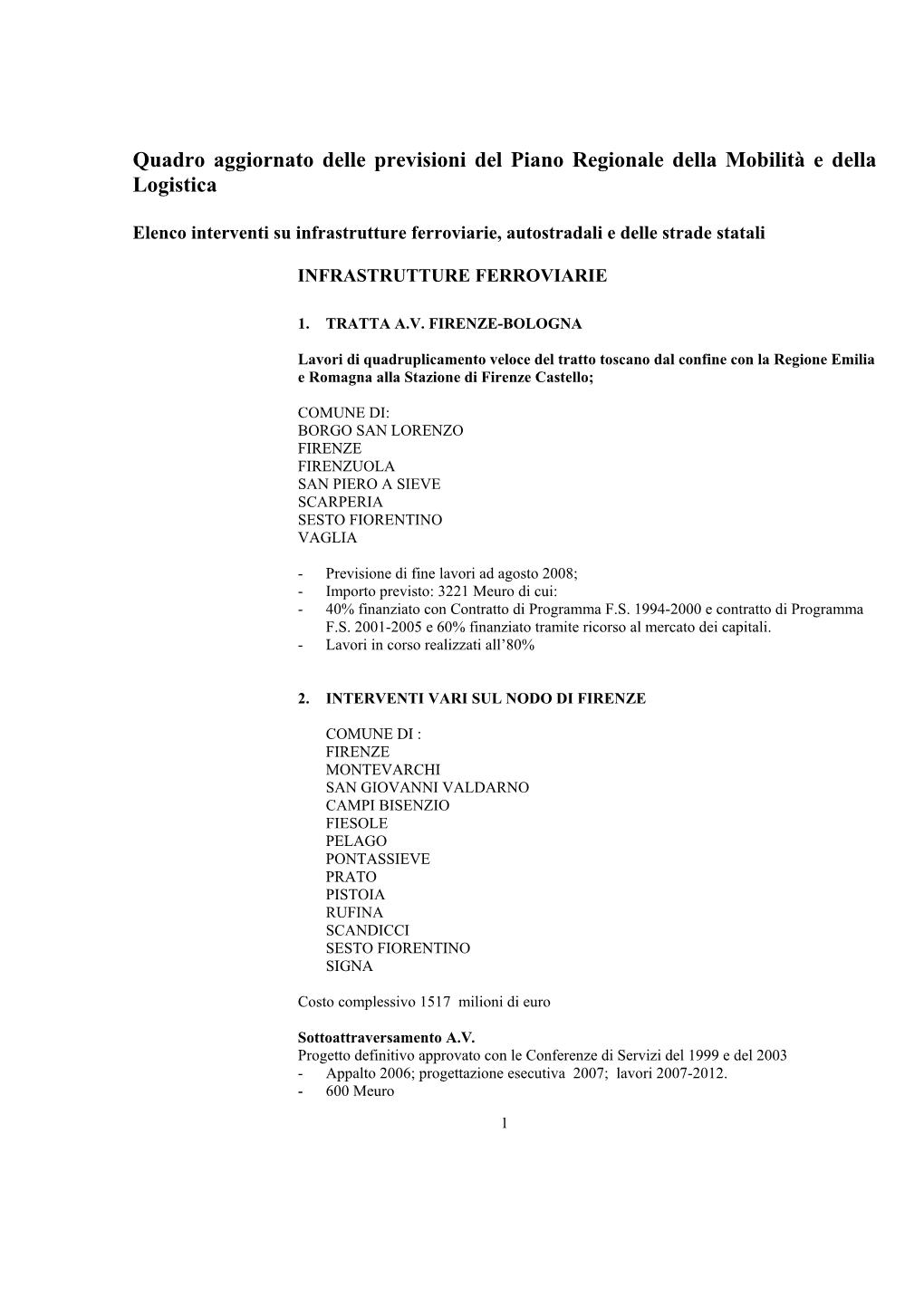 Quadro Delle Previsioni Del Piano Regionale Della