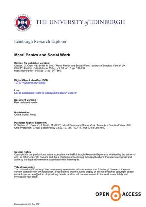 Moral Panics and Social Work: Towards a Sceptical View of UK Child Protection', Critical Social Policy, Vol