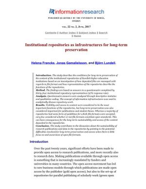 Institutional Repositories As Infrastructures for Long-Term Preservation