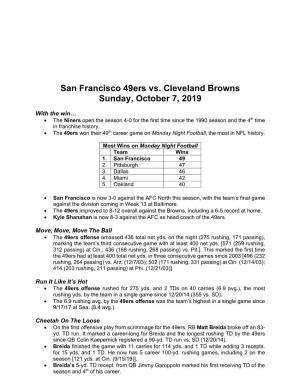 San Francisco 49Ers Vs. Cleveland Browns Sunday, October 7, 2019