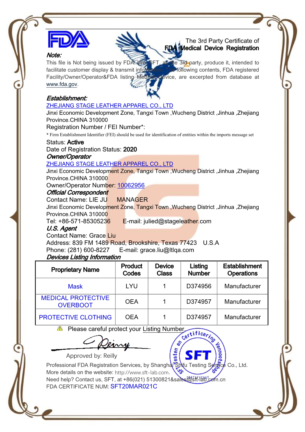 The 3Rd Party Certificate of FDA Medical Device Registration Note: This File Is Not Being Issued by FDA