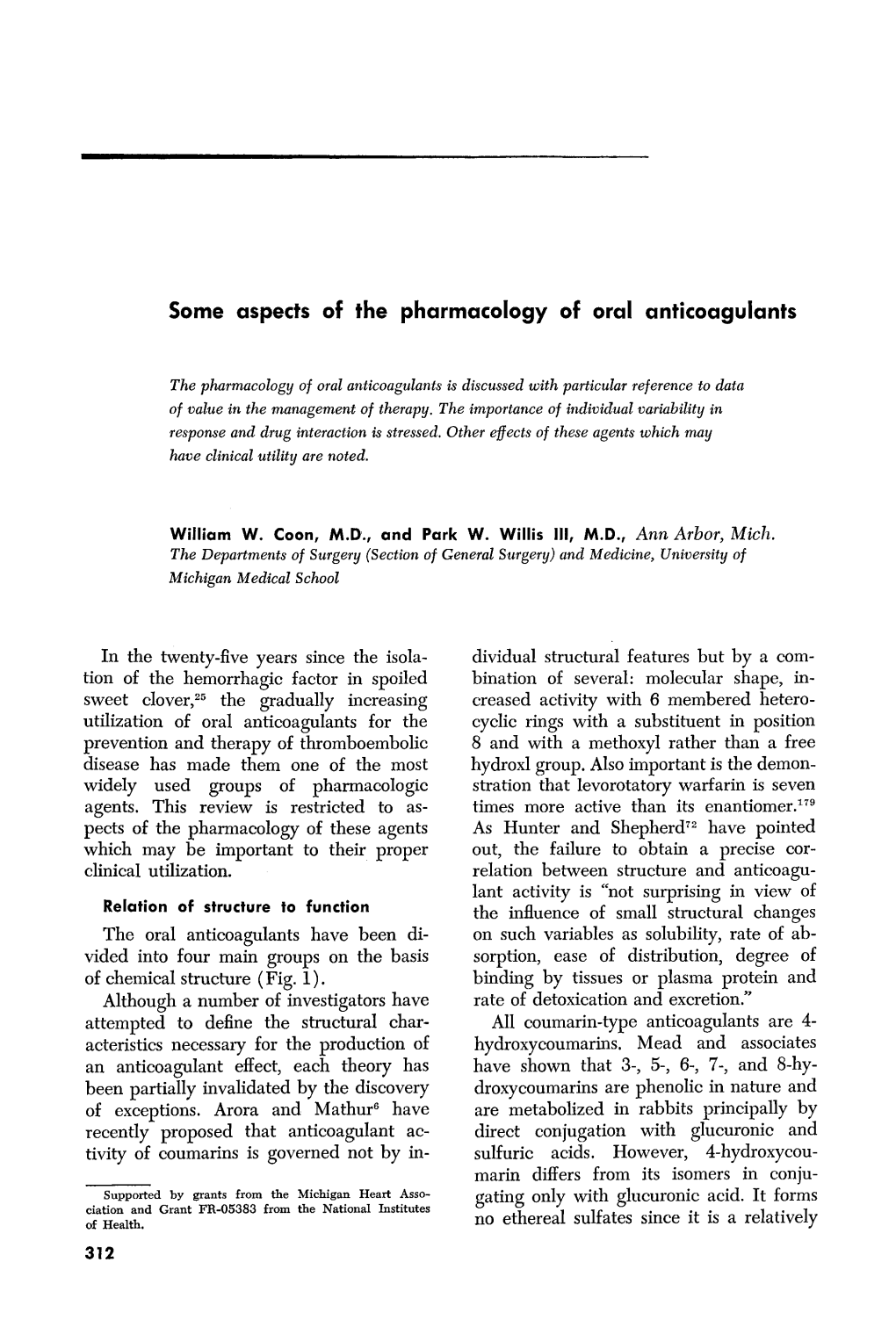 Some Aspects of the Pharmacology of Oral Anticoagulants