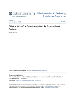 Eldred V. Ashcroft: a Critical Analysis of the Supreme Court Decision