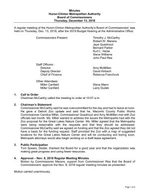 Minutes Huron-Clinton Metropolitan Authority Board of Commissioners Thursday, December 13, 2018