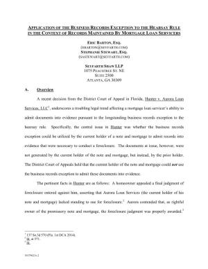 Application of the Business Records Exception to the Hearsay Rule in the Context of Records Maintained by Mortgage Loan Servicers