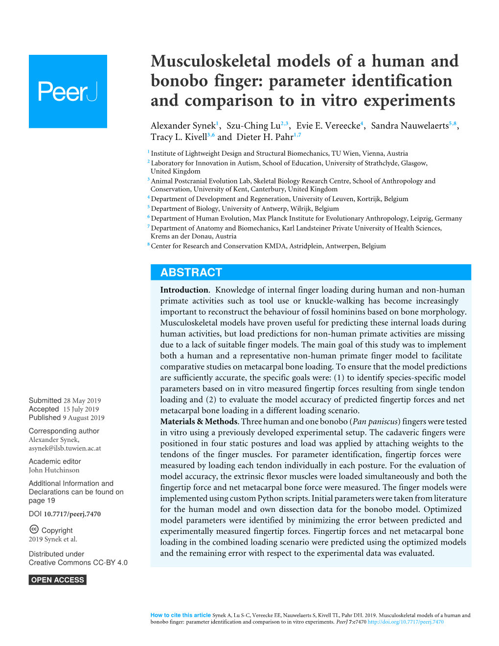 Musculoskeletal Models of a Human and Bonobo Finger: Parameter Identification and Comparison to in Vitro Experiments