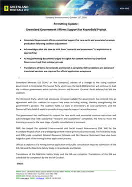 Permitting Update: Greenland Government Affirms Support for Kvanefjeld Project