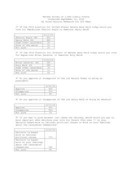 Nevada Survey of 1,000 Likely Voters Conducted September 11, 2010 by Pulse Opinion Research for FOX News