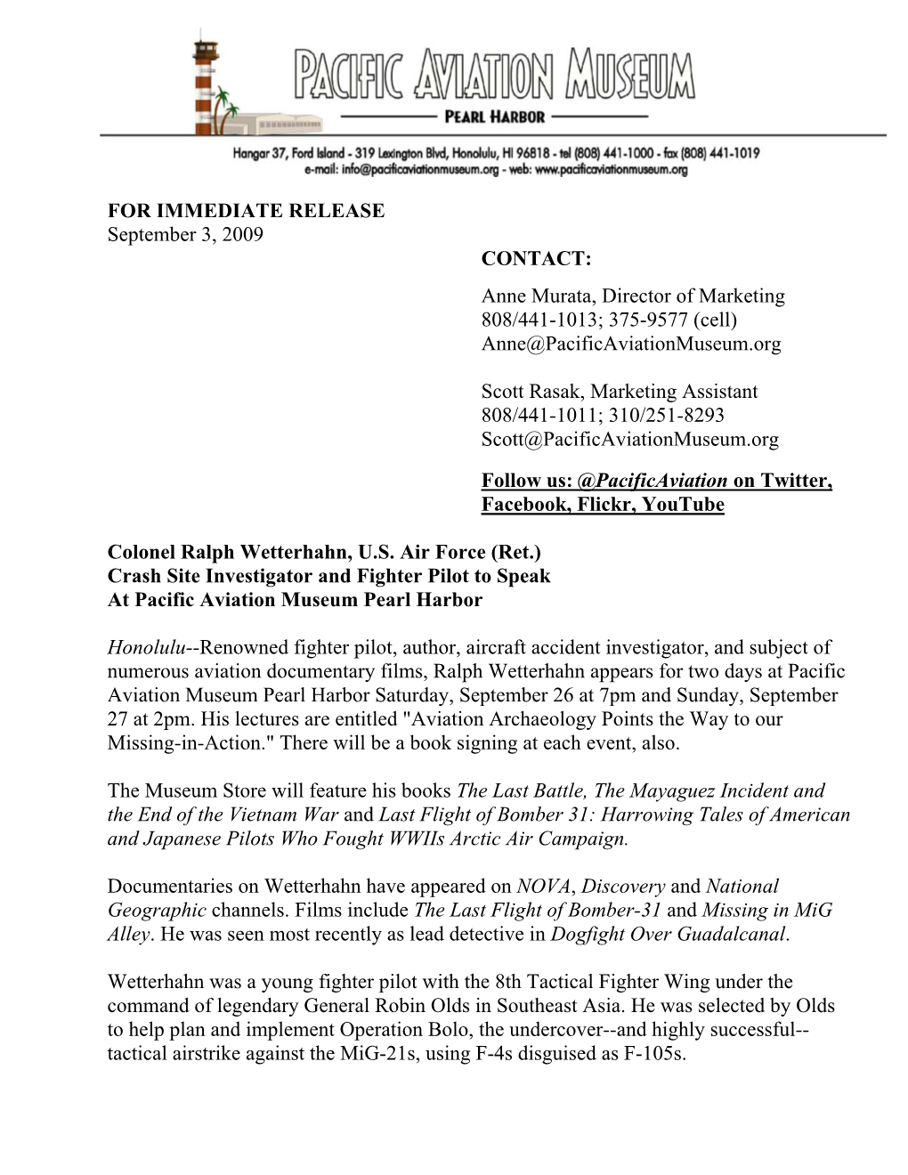 FOR IMMEDIATE RELEASE September 3, 2009 CONTACT