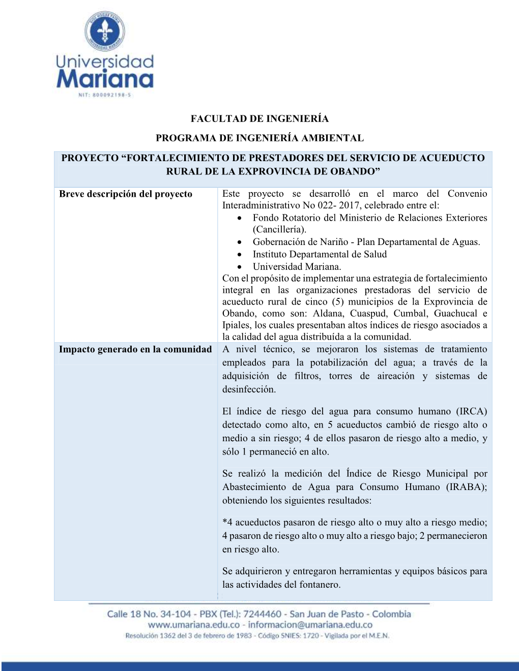 Ingeniería Ambiental Proyecto “Fortalecimiento De Prestadores Del Servicio De Acueducto Rural De La Exprovincia De Obando”