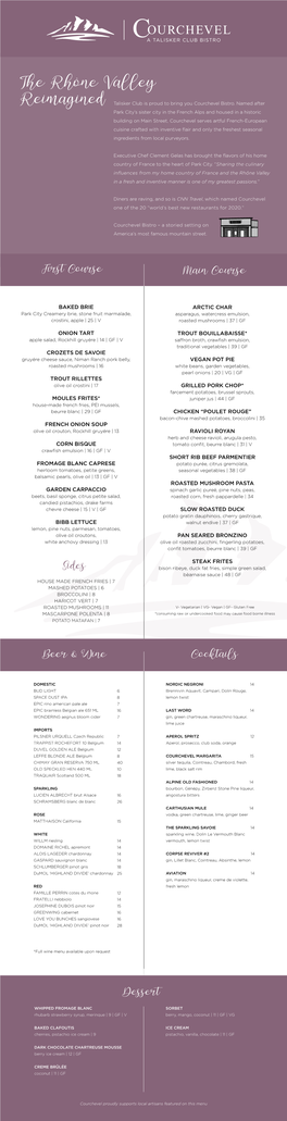 Dine-In Bistro Menu