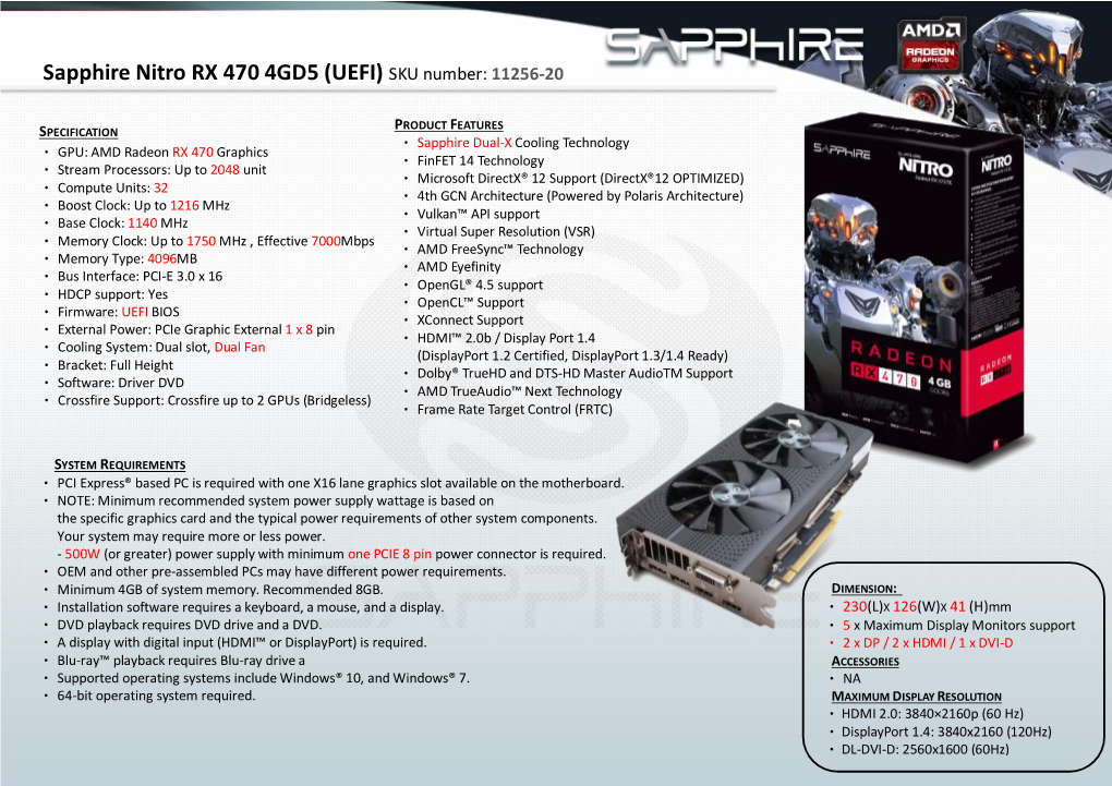 Sapphire Nitro RX 470 4GD5 (UEFI) SKU Number: 11256-20