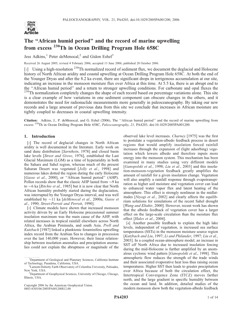 African Humid Period'' and the Record of Marine Upwelling from Excess Th