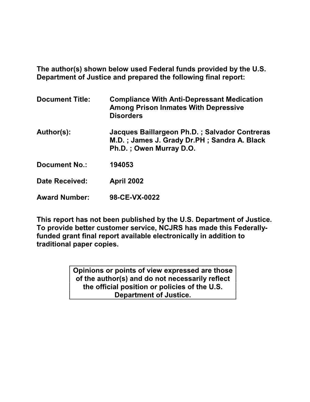 Compliance with Anti-Depressant Medication Among Prison Inmates with Depressive Disorders