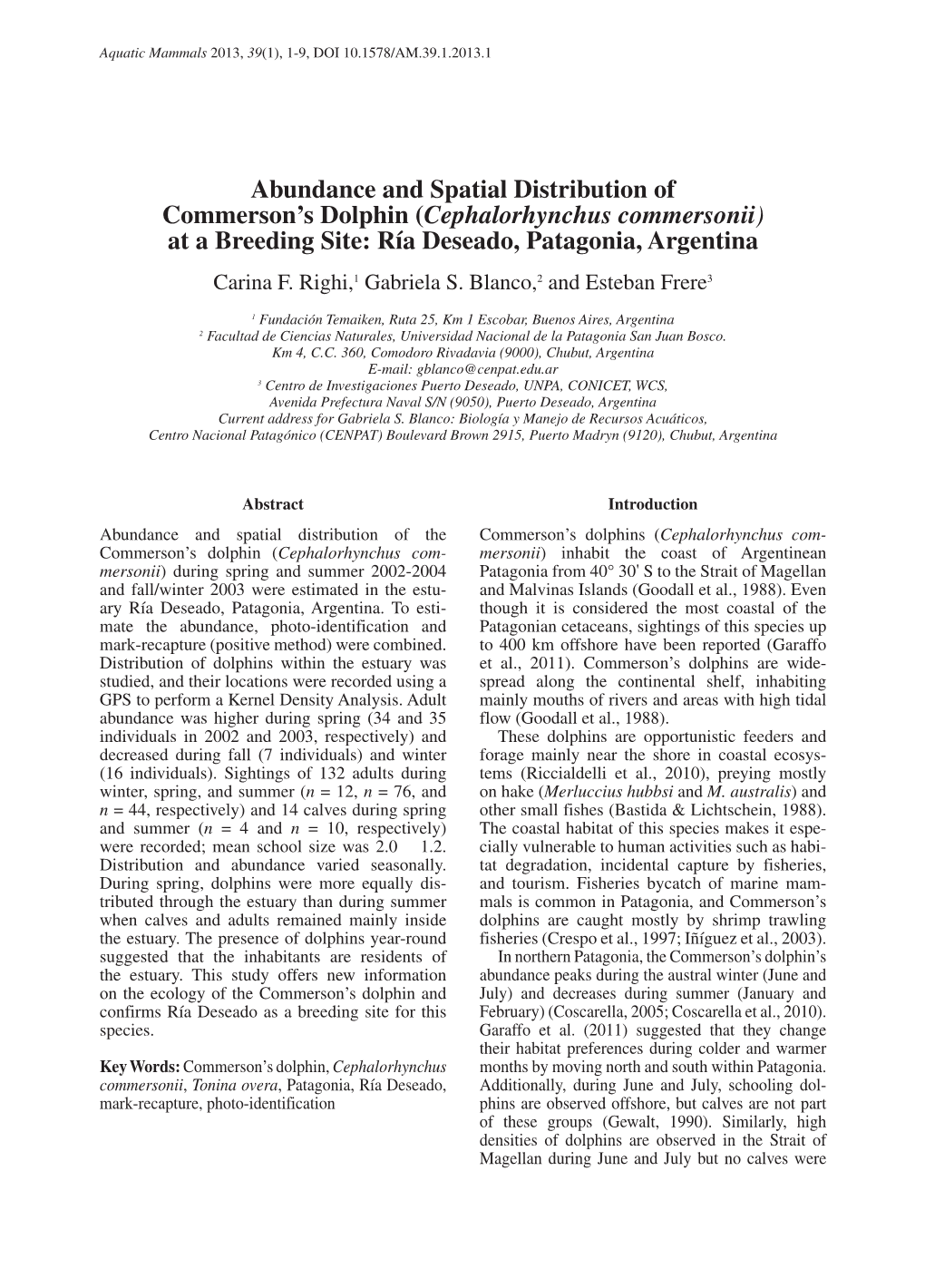 Abundance and Spatial Distribution of Commerson's Dolphin (Cephalorhynchus Commersonii) at a Breeding Site: Ría Deseado