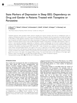 State Markers of Depression in Sleep EEG: Dependency on Drug and Gender in Patients Treated with Tianeptine Or Paroxetine