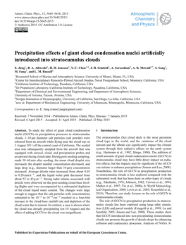 Precipitation Effects of Giant Cloud Condensation Nuclei Artificially Introduced Into Stratocumulus Clouds