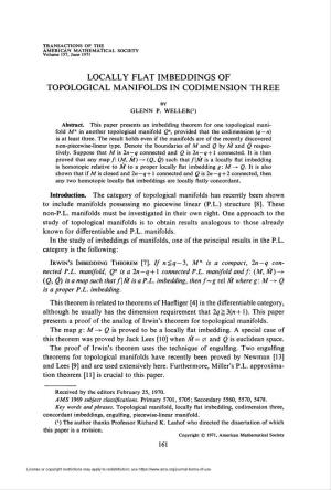 Locally Flat Imbeddings of Topological Manifolds in Codimension Three