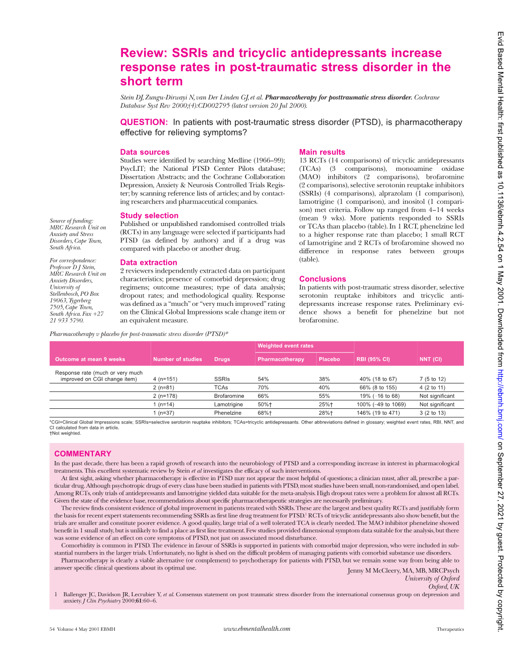 Ssris and Tricyclic Antidepressants Increase Response Rates in Post-Traumatic Stress Disorder in the Short Term