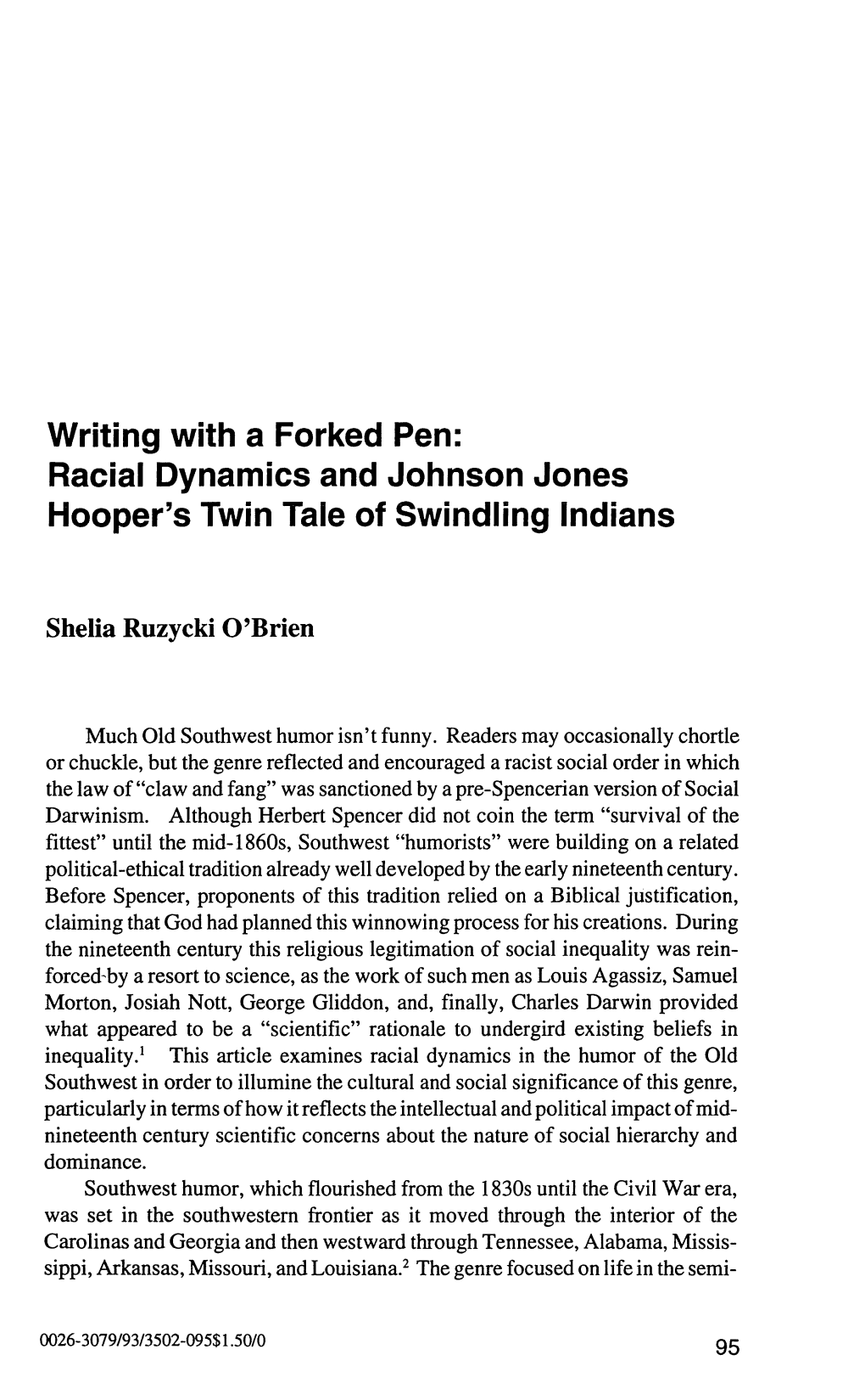 Racial Dynamics and Johnson Jones Hooper's Twin Tale of Swindling Indians