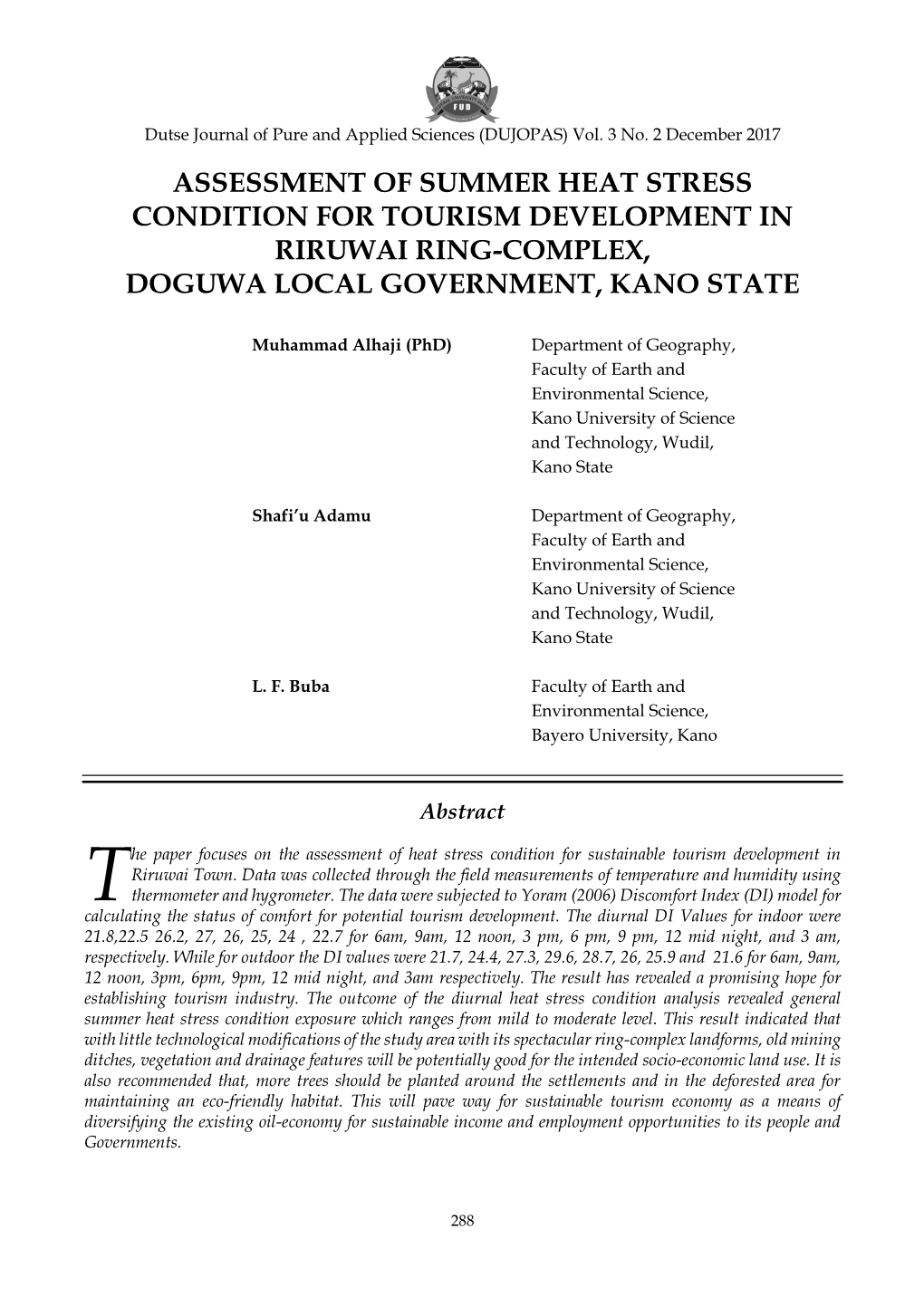 Assessment of Summer Heat Stress Condition for Tourism Development in Riruwai Ring-Complex, Doguwa Local Government, Kano State