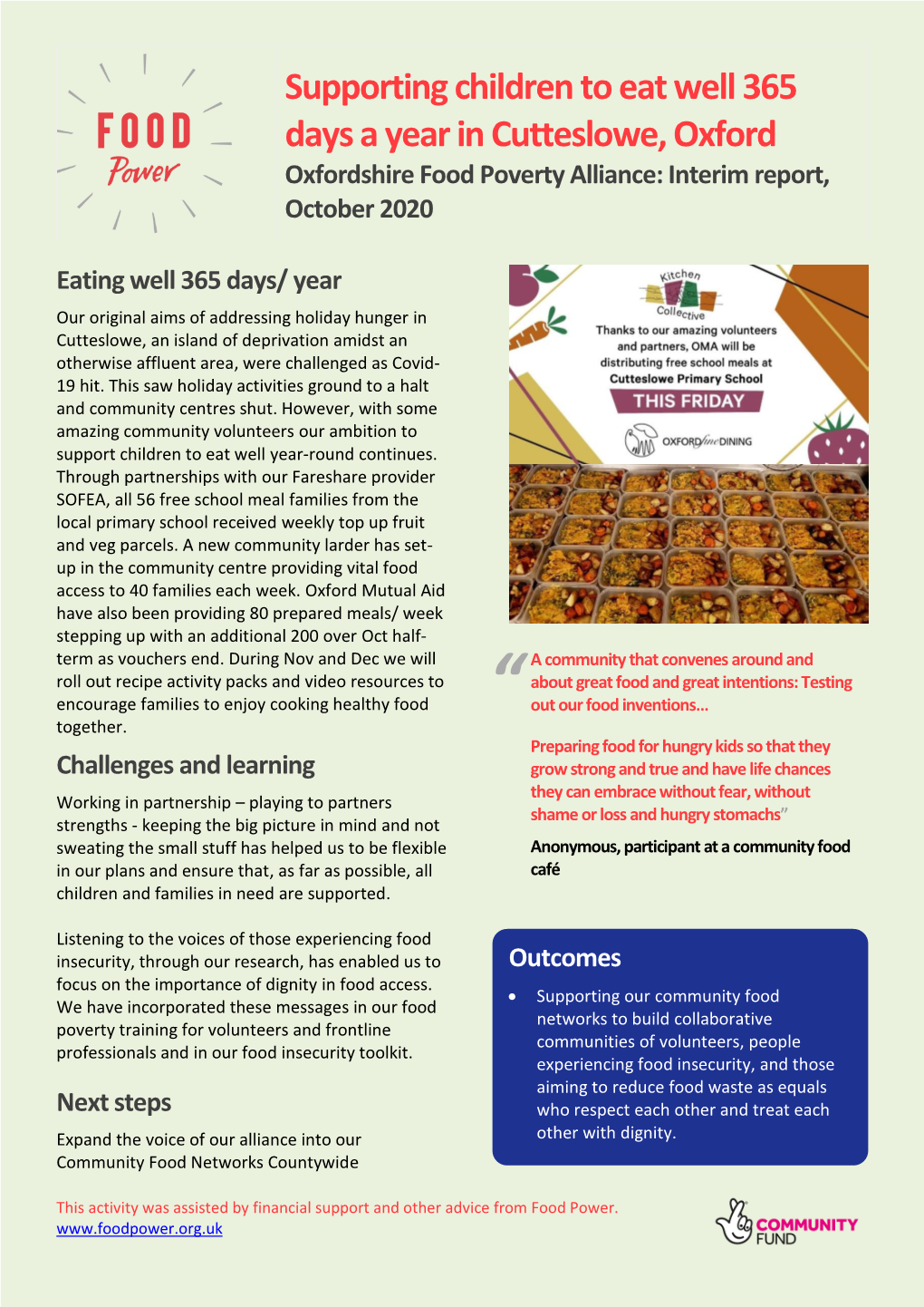 Supporting Children to Eat Well 365 Days a Year in Cutteslowe, Oxford Oxfordshire Food Poverty Alliance: Interim Report, October 2020