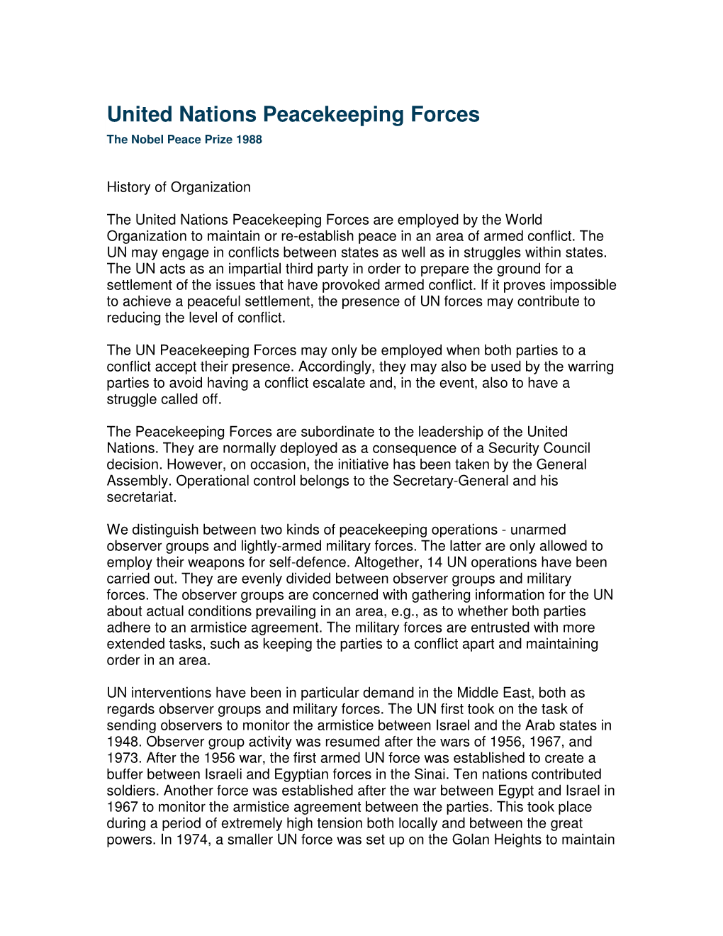 United Nations Peacekeeping Forces The Nobel Peace Prize 1988 - DocsLib