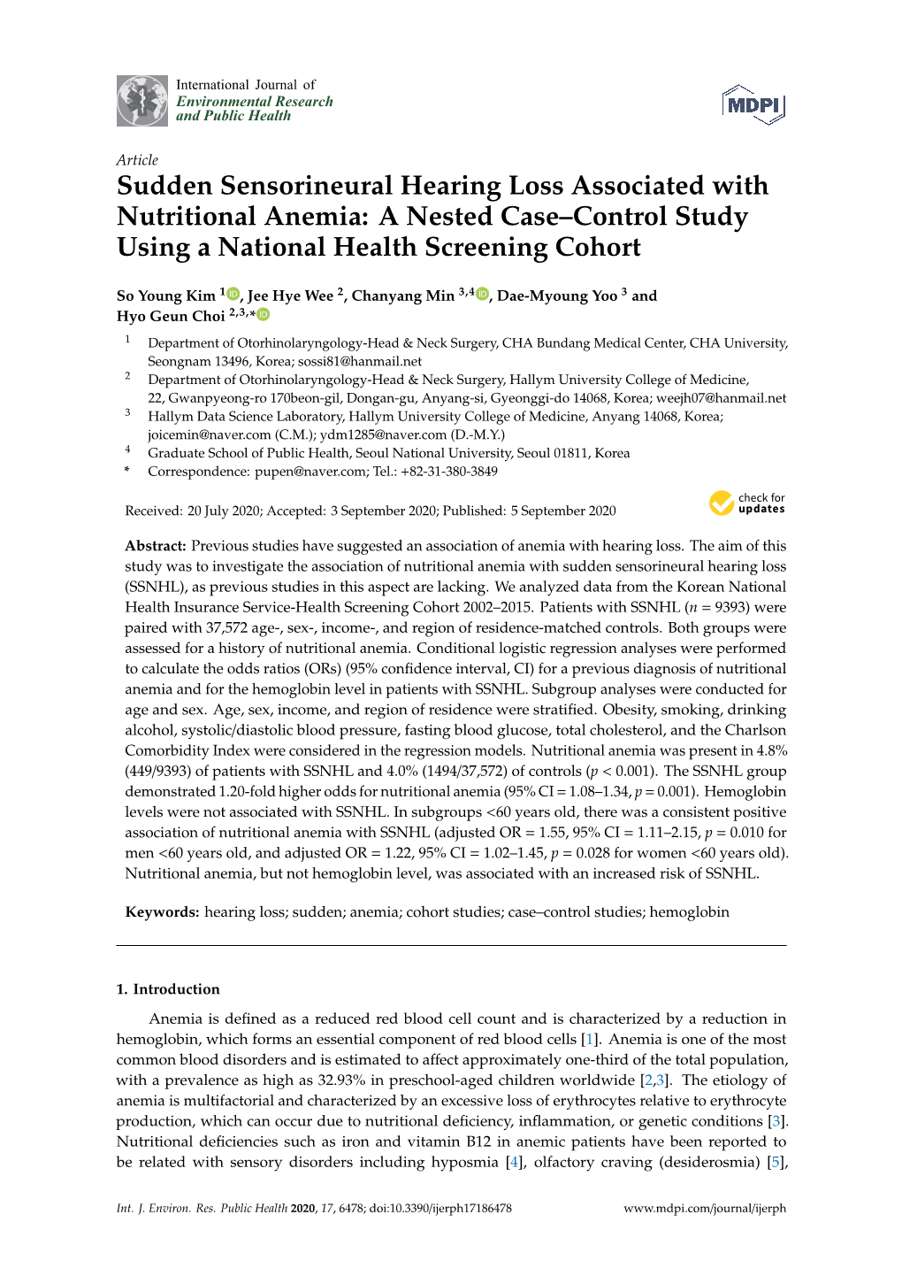 Sudden Sensorineural Hearing Loss Associated with Nutritional Anemia: a Nested Case–Control Study Using a National Health Screening Cohort