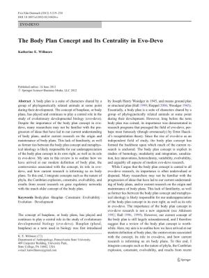 The Body Plan Concept and Its Centrality in Evo-Devo