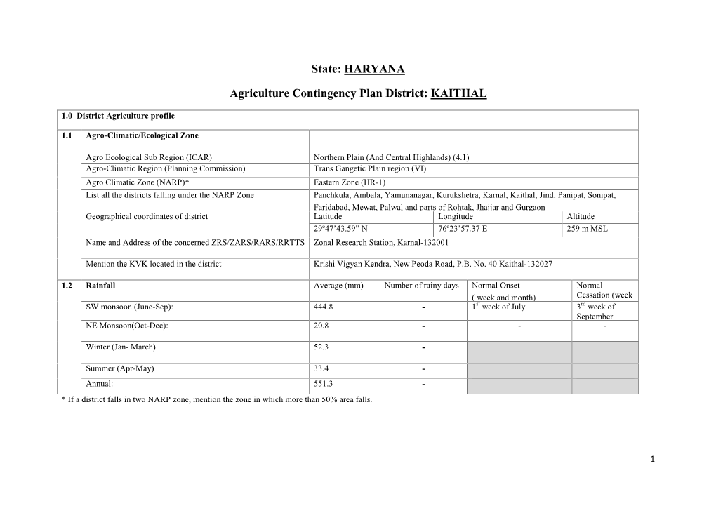 State: HARYANA Agriculture Contingency Plan District: KAITHAL