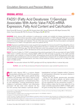 FADS1 (Fatty Acid Desaturase 1) Genotype Associates with Aortic Valve FADS Mrna Expression, Fatty Acid Content and Calcification Oscar Plunde, MD; Susanna C