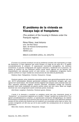 El Problema De La Vivienda En Vizcaya Bajo El Franquismo (The Problem of the Housing in Biskaia Under the Franquist Regime)