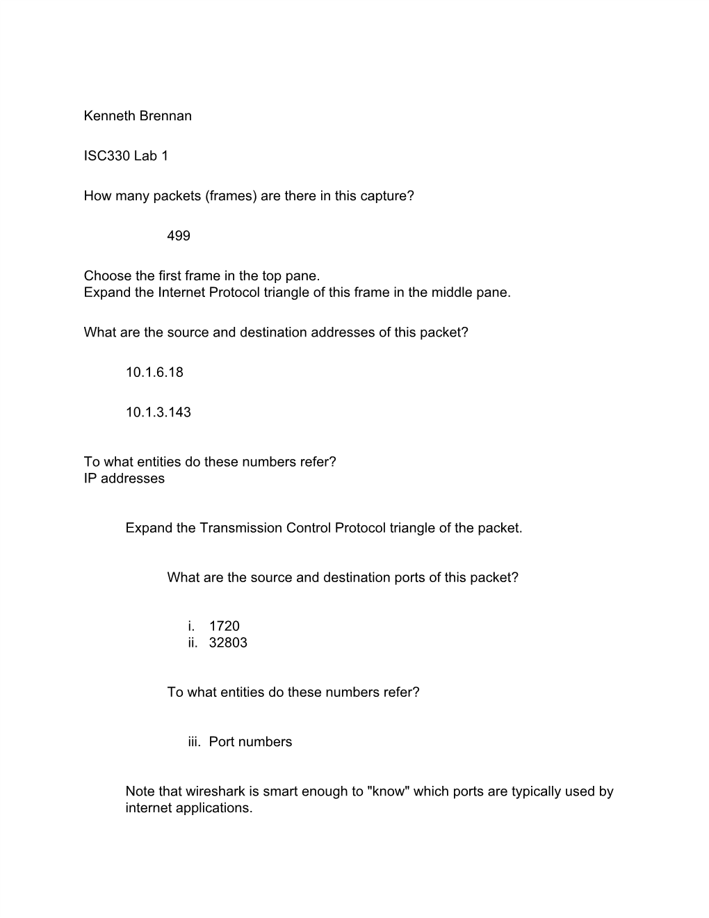 Kenneth Brennan ISC330 Lab 1 How Many Packets (Frames)