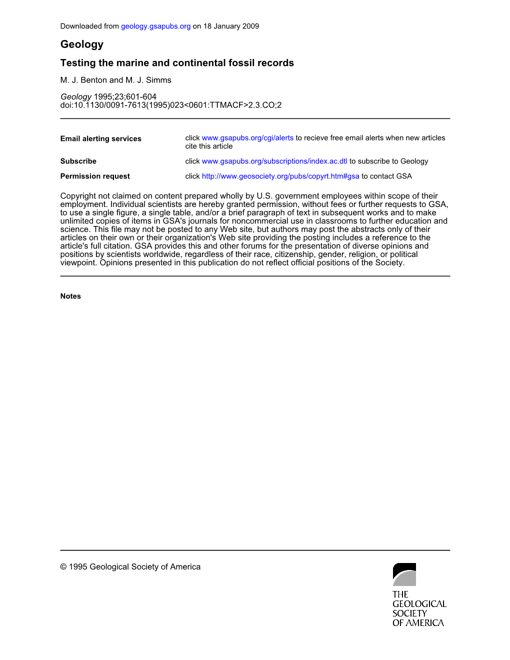 Benton, M.J. and Simms, M.J. 1995. Testing the Marine and Continental