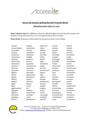 Access Life America Spelling Bee 2017 Practice Words